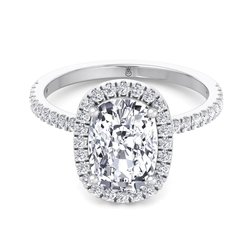 Moissanite Elongated Cushion Cut Halo Engagement Ring With Sidestones A88275