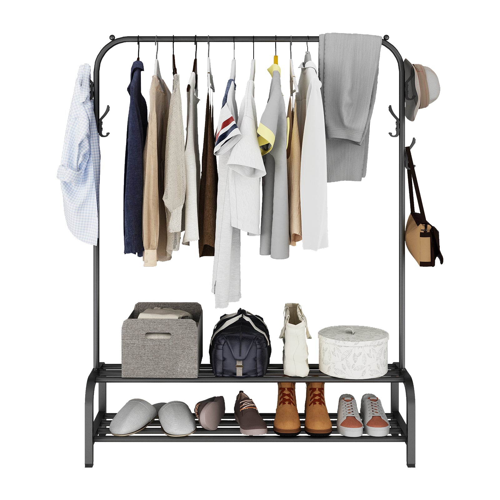 Black Freestanding Garment Rack with 6 Hangers 2 Shelves L604287