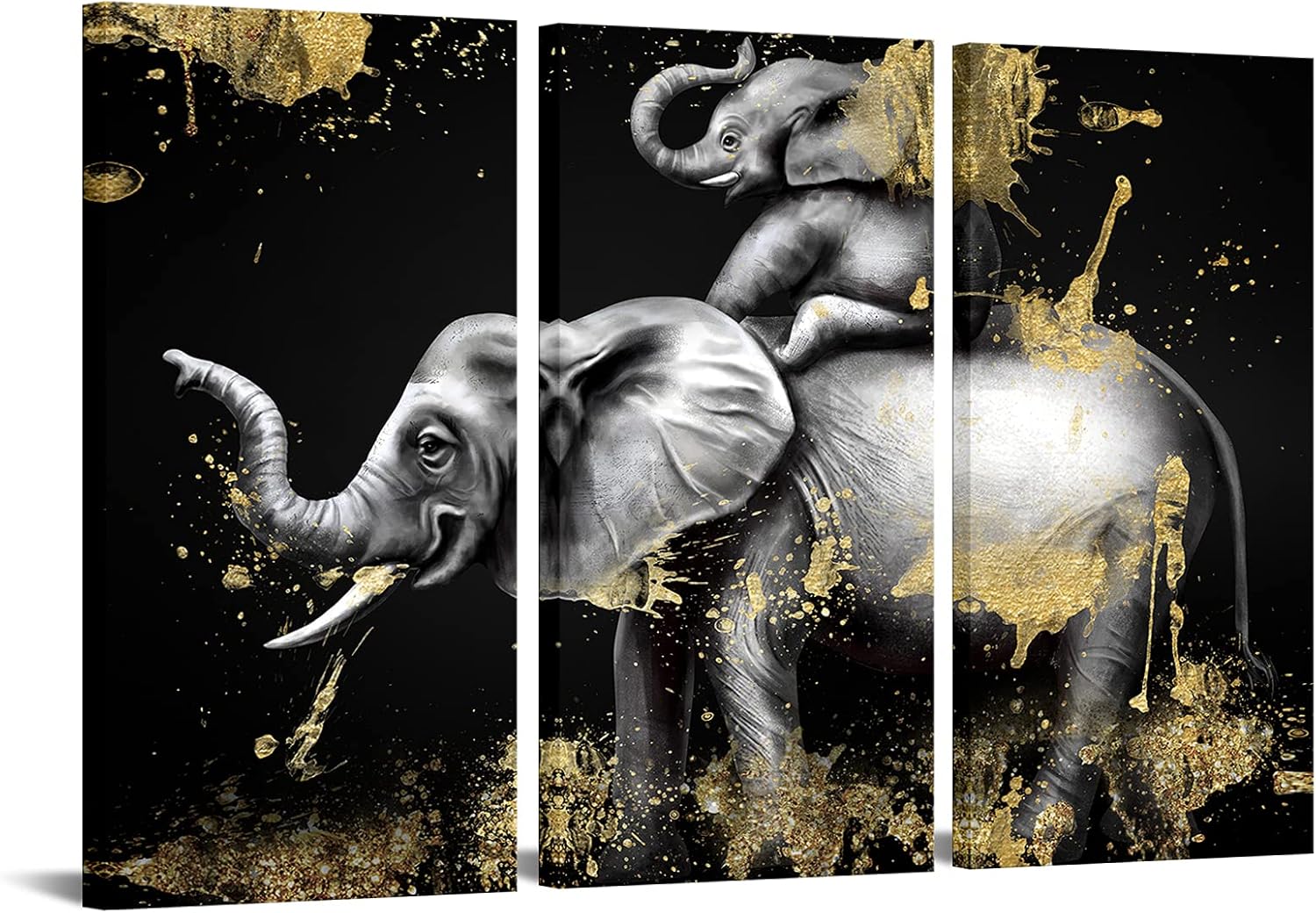 Black and Gold Elephant Canvas Art Set of 3 Framed Ready to Hang I397125