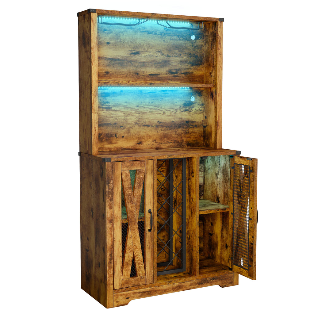 Rustic Oak Bar Storage Cabinet with LED Light Door F809624