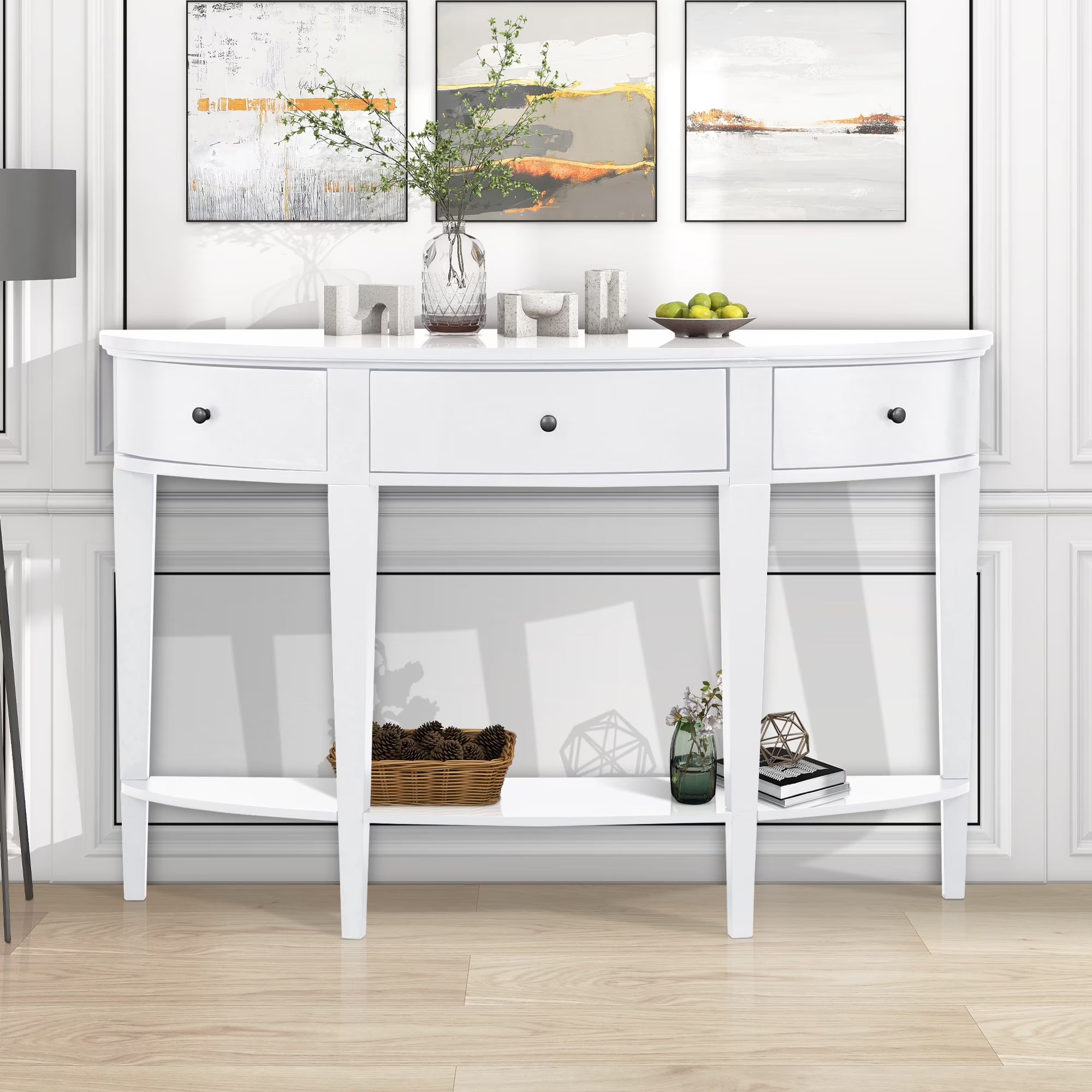 White Curved Console Table with 3 Drawers and Bottom Shelf M718455