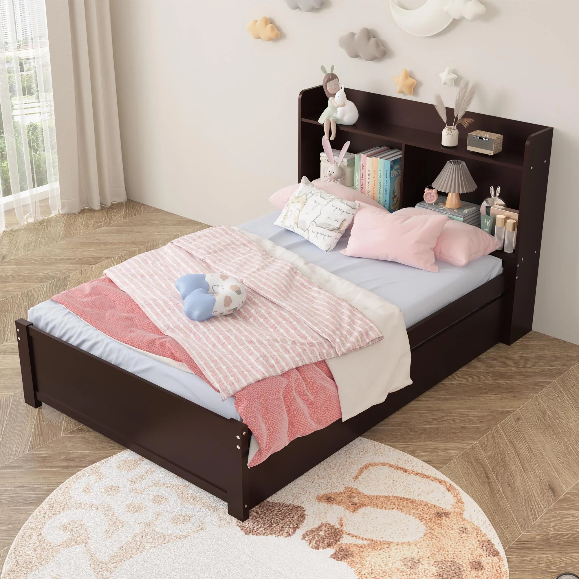 Twin Bed Frame with Trundle and Storage Bookcase, Solid Wood, Espresso Y4333