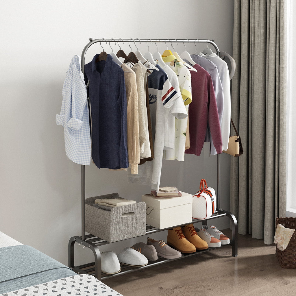 Black Freestanding Garment Rack with 6 Hangers 2 Shelves L604287