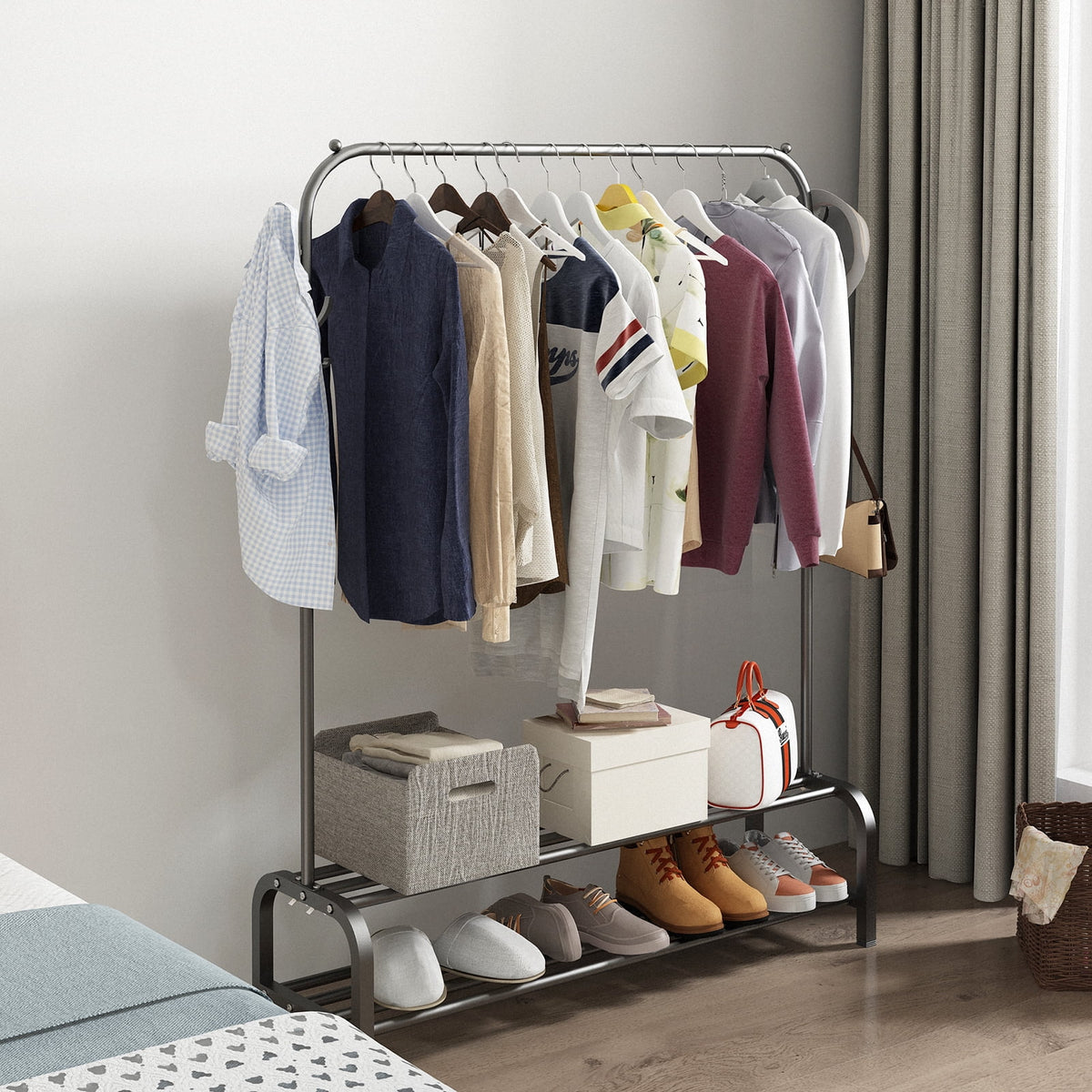 Black Freestanding Garment Rack with 6 Hangers 2 Shelves L604287