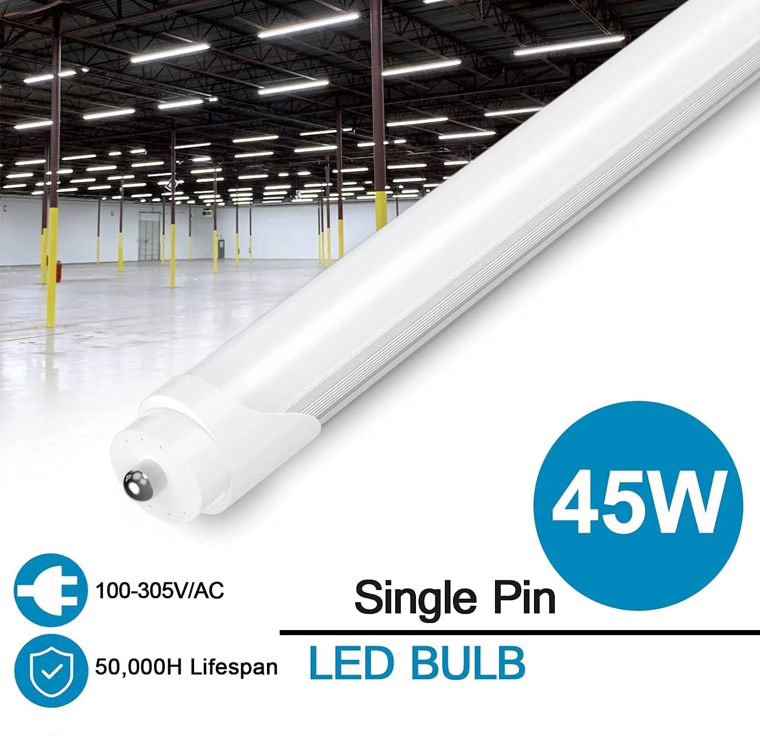 T8 LED Tube Light 8ft, 45W 5000K Daylight, 4-Pack P418128