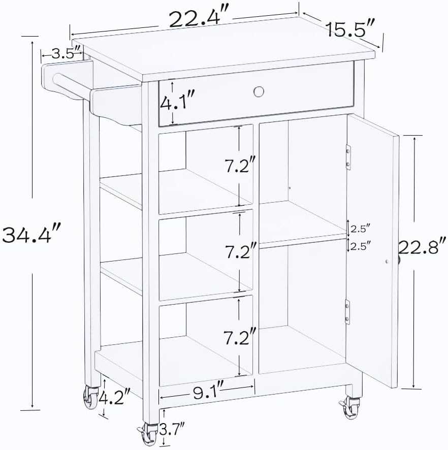 White Solid Wood Top Kitchen Island on Wheels with Single Door and One Drawer Towel Rack G208