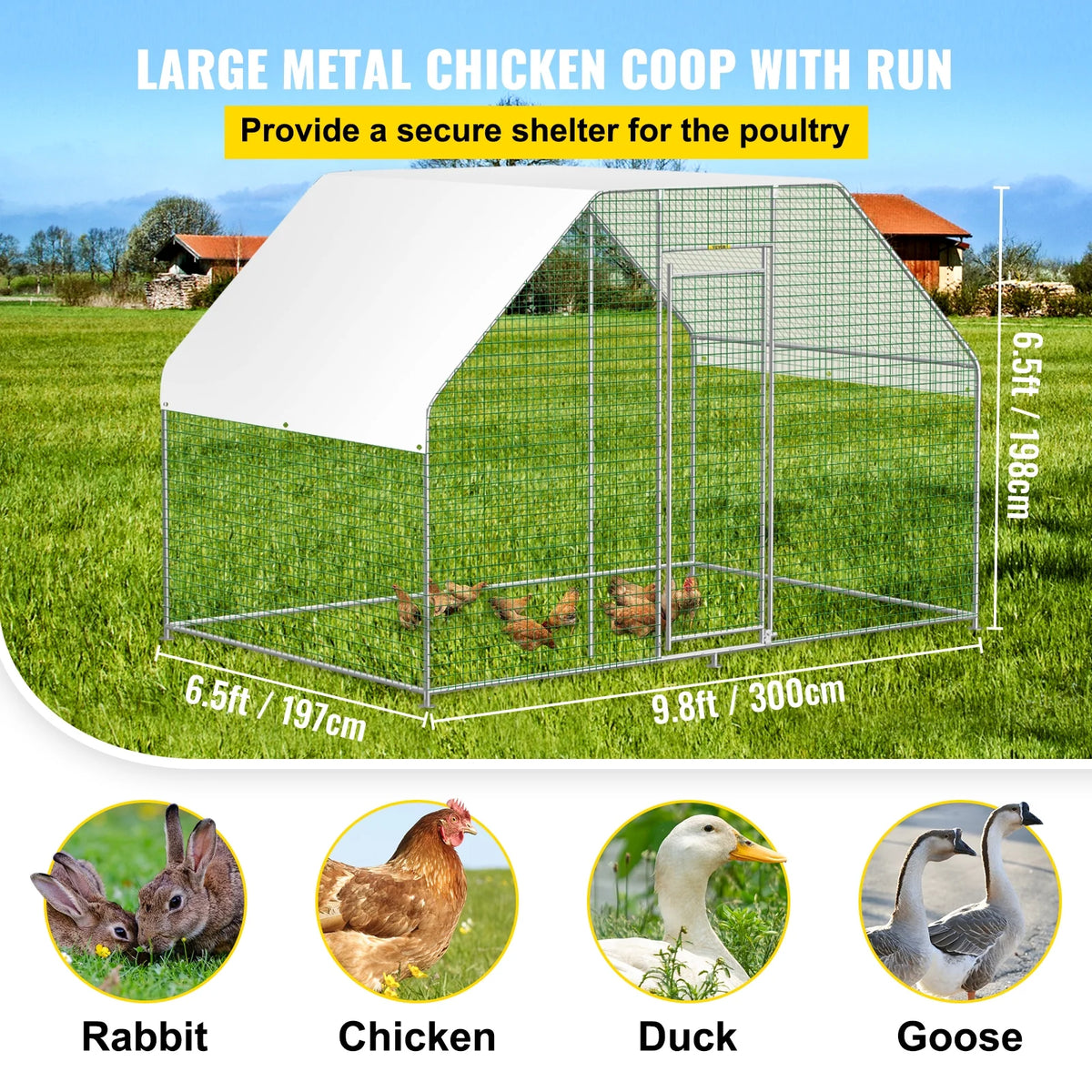 10×6ft Large Metal Chicken Coop with Waterproof Cover E341568
