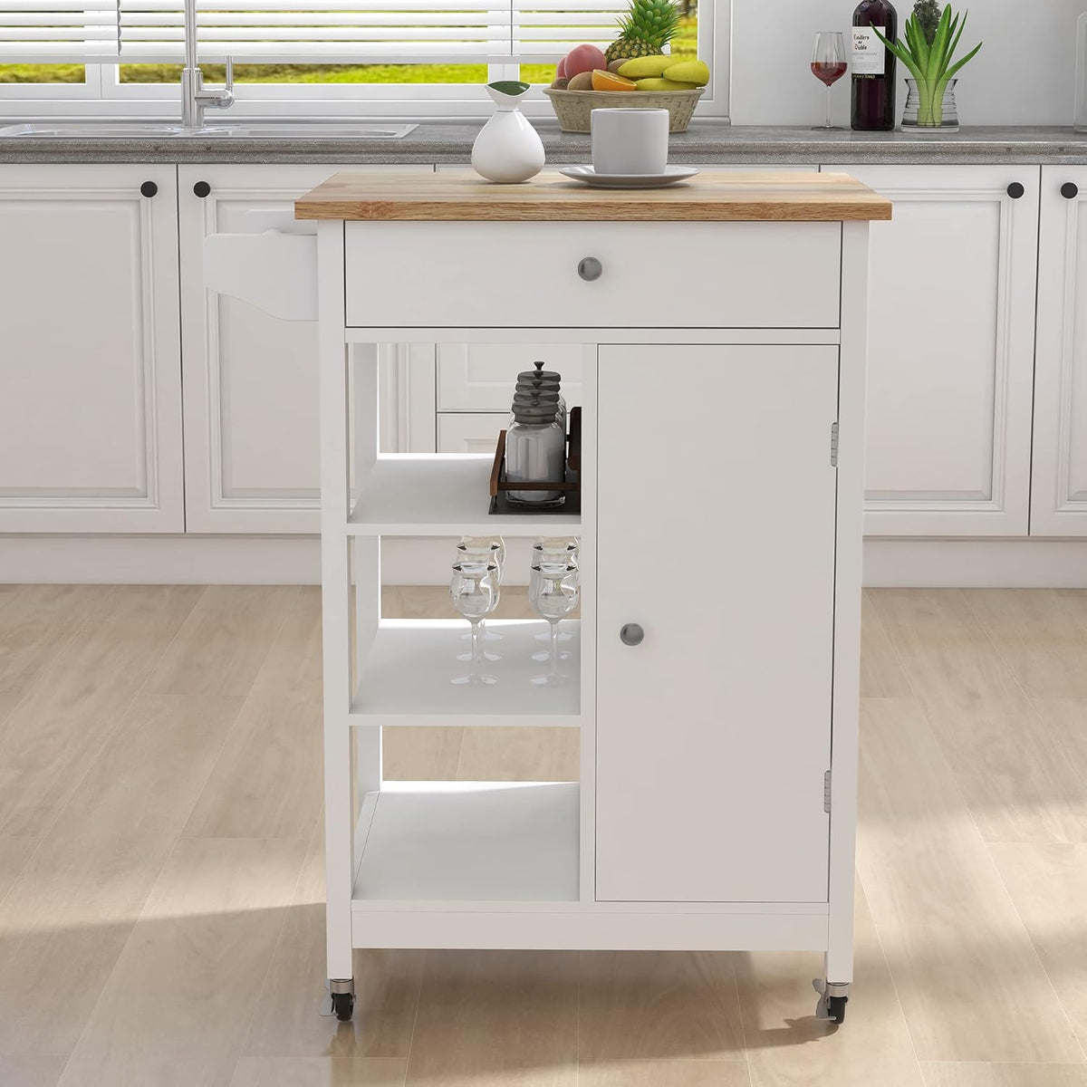 White Solid Wood Top Kitchen Island on Wheels with Single Door and One Drawer Towel Rack G208