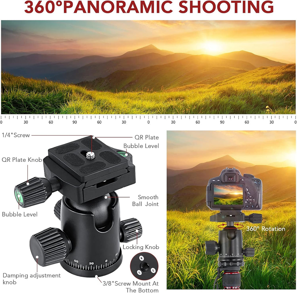 Carbon Fiber Camera Tripod Monopod 3 in 1 with 360 Degree Ballhead Quick Release Plate, Load Up to 26.5lb B1785
