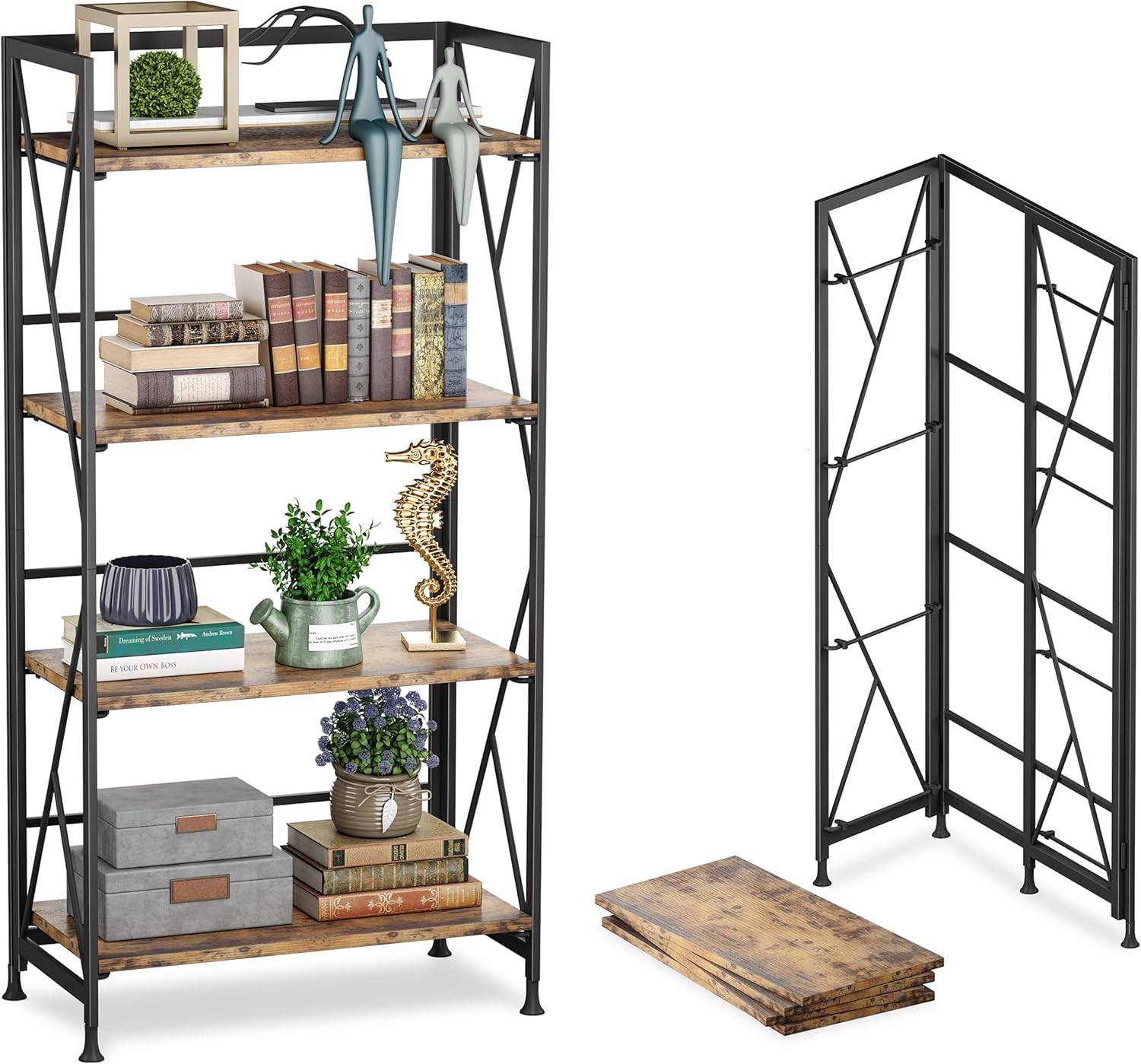Folding Bookshelf 4 Tier Wooden Bookcase with Metal Frames No Assembly Storage Shelves Stand Book Rack Organizer Brown L1775