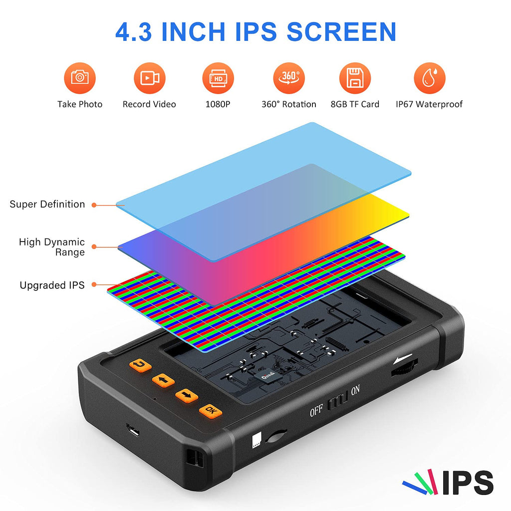 33FT 5.5mm 1080P Waterproof Industrial Endoscope Camera with Lights 4.3'' IPS Screen Pack of 2 R6849