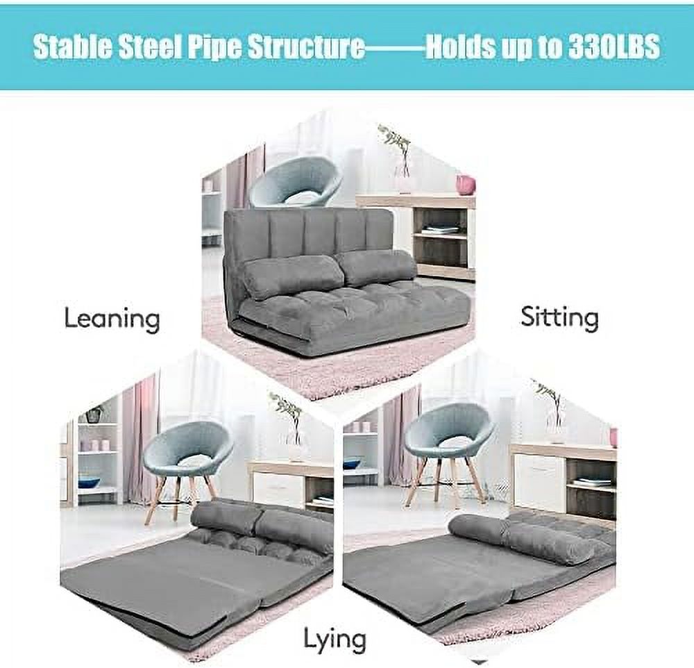 Foldable Floor Sofa with 2 Pillows & Suede Cloth Cover W75476