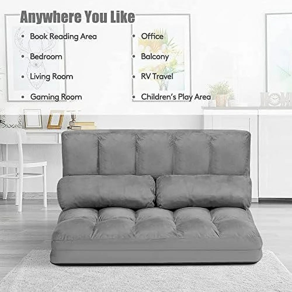 Foldable Floor Sofa with 2 Pillows & Suede Cloth Cover W75476