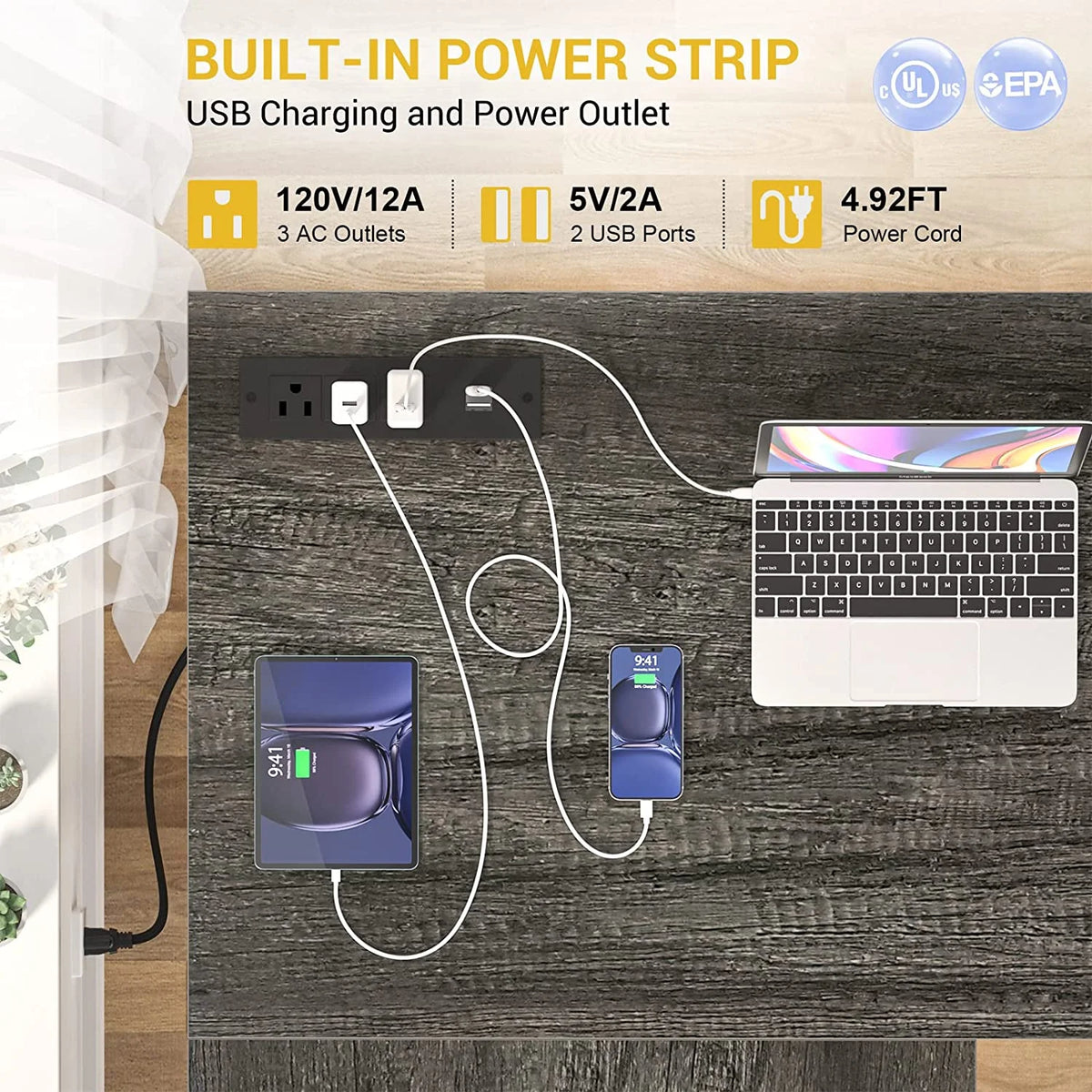 Grey Oak L Shaped Desk with Power Outlet & LED Strip L918
