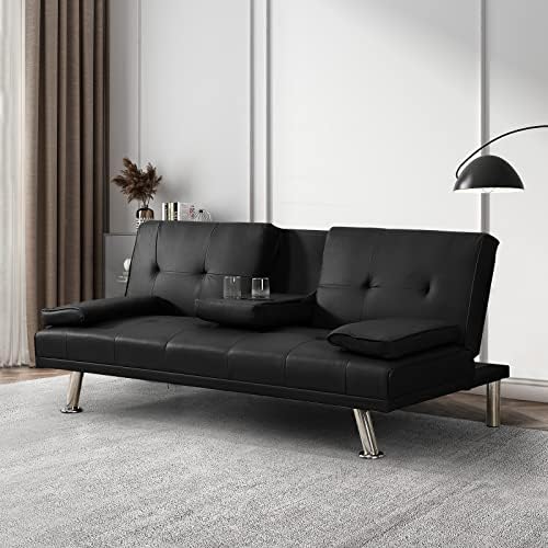 Black Leather Futon Sofa Bed with 2 Cup Holders U86522
