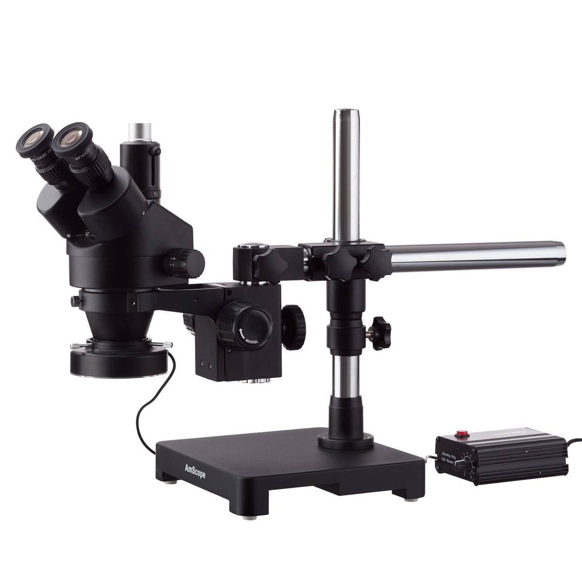 Black Trinocular Stereo Zoom Microscope on Single Arm Boom Stand with 80-LED Ring Light Y11296