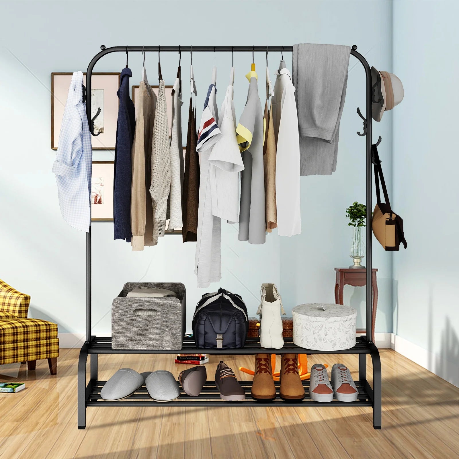 Black Freestanding Garment Rack with 6 Hangers 2 Shelves L604287