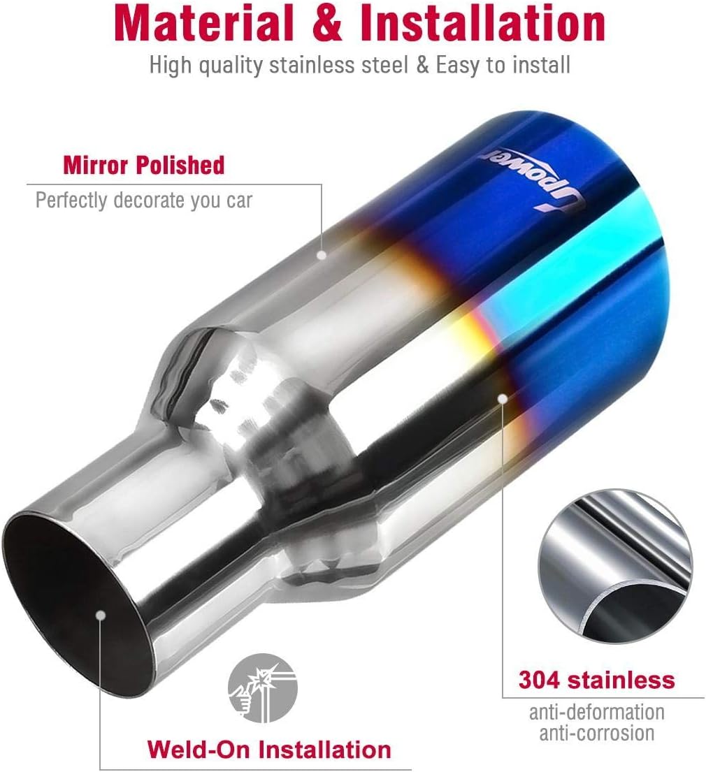 Blue Burnt Exhaust Tip 2.5" Inlet 4" Outlet 9" Long Single Wall Slant Cut 304 Stainless Steel Pack of 2 H3325