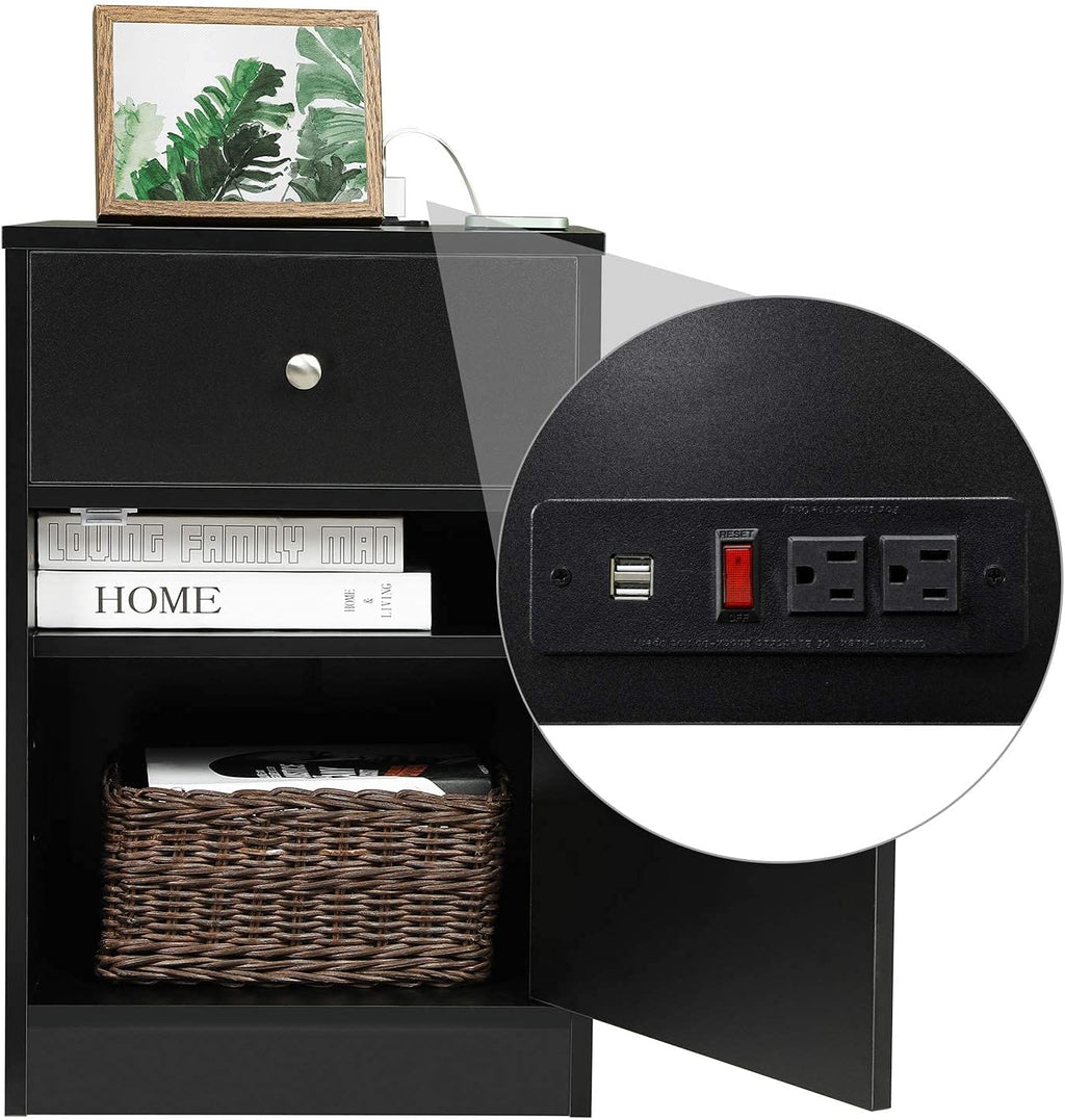 Black Nightstand with USB Port, Drawer & Door Wooden Side Cabinet M17384