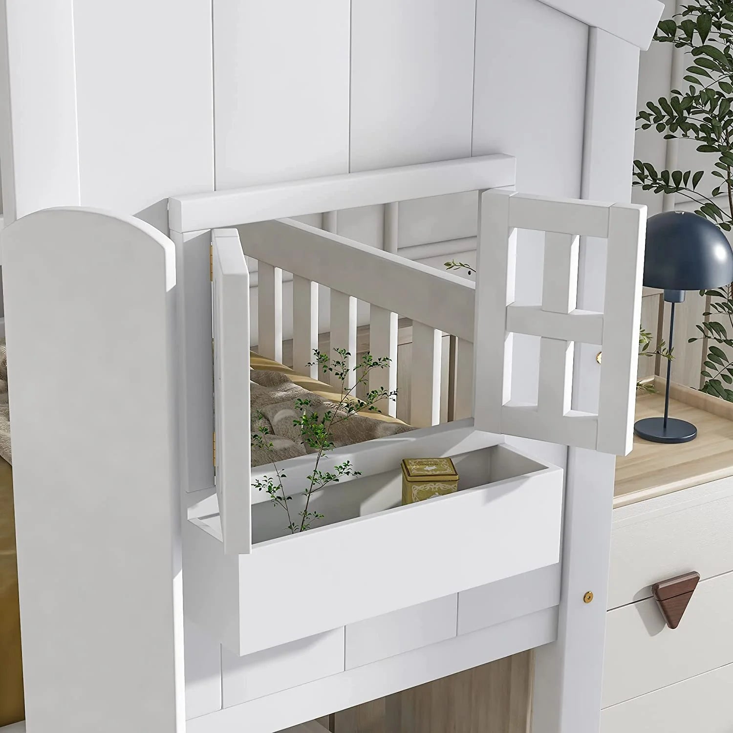 White Wood Frame Kids Bed with Roof and Safety Guardrails F778