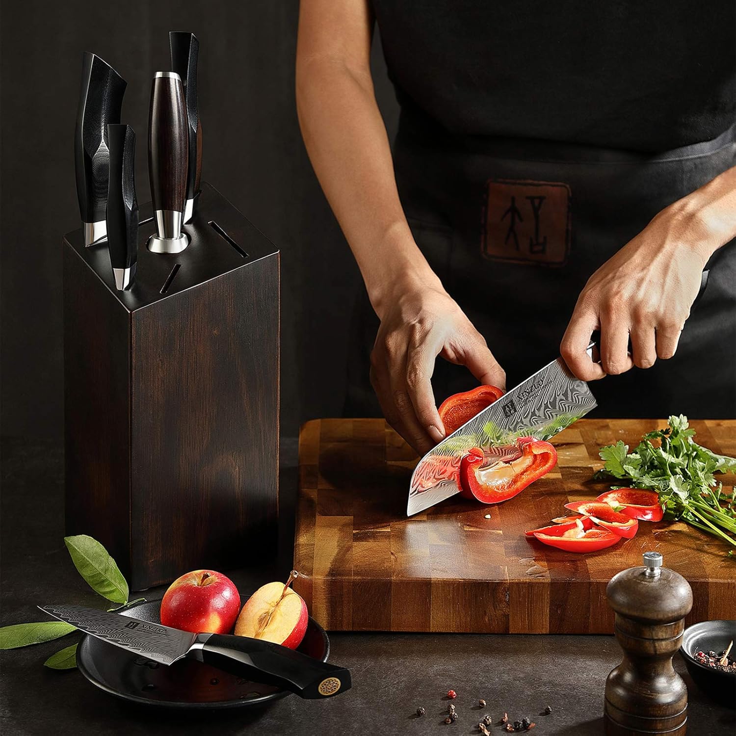 Damascus Steel 7-Piece Kitchen Knife Set with Wooden Block and Honing Steel M81972
