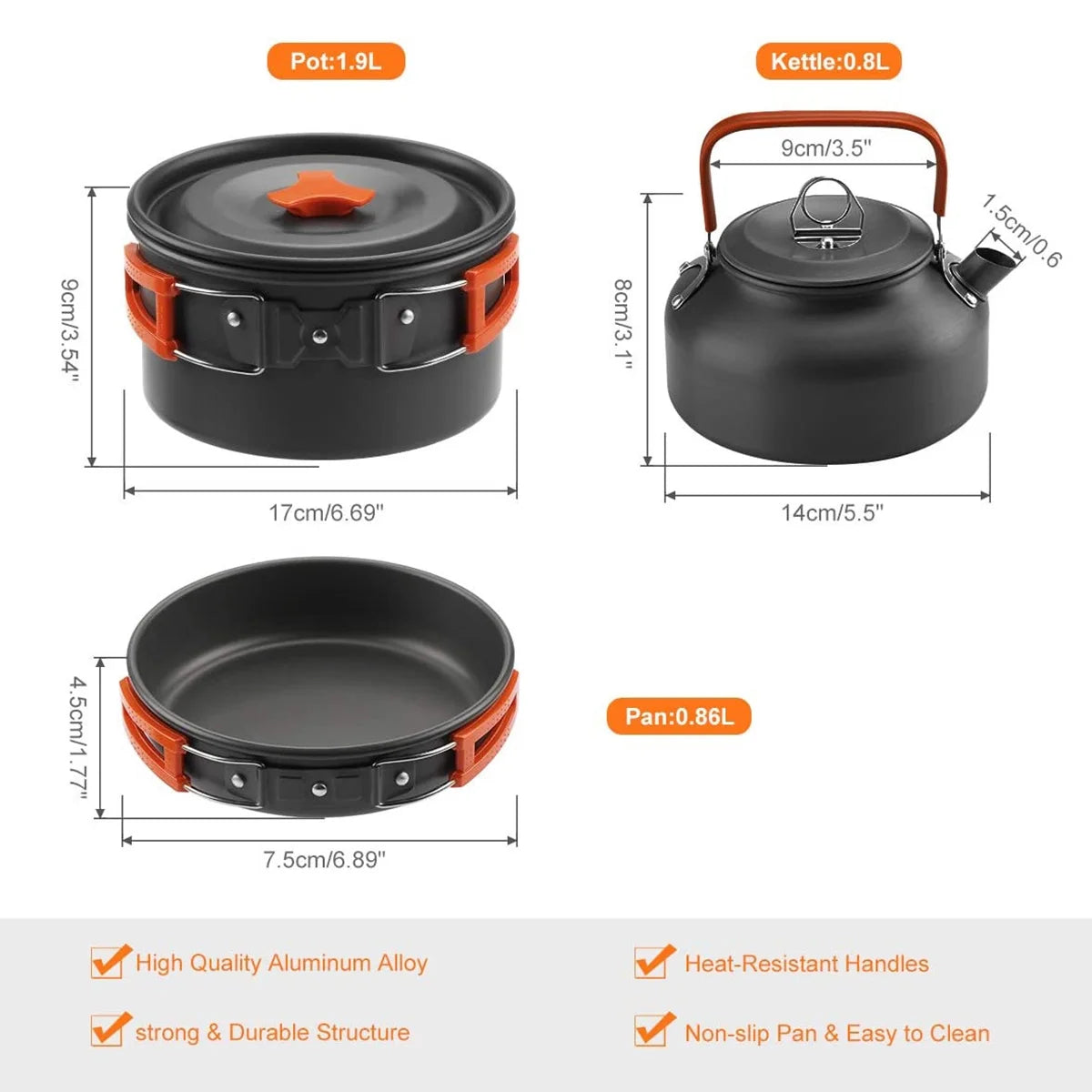 Camping Cookware Mess Kit Pot Pan Kettle Cooking Set Tableware with Spoon Fork Cutter F265