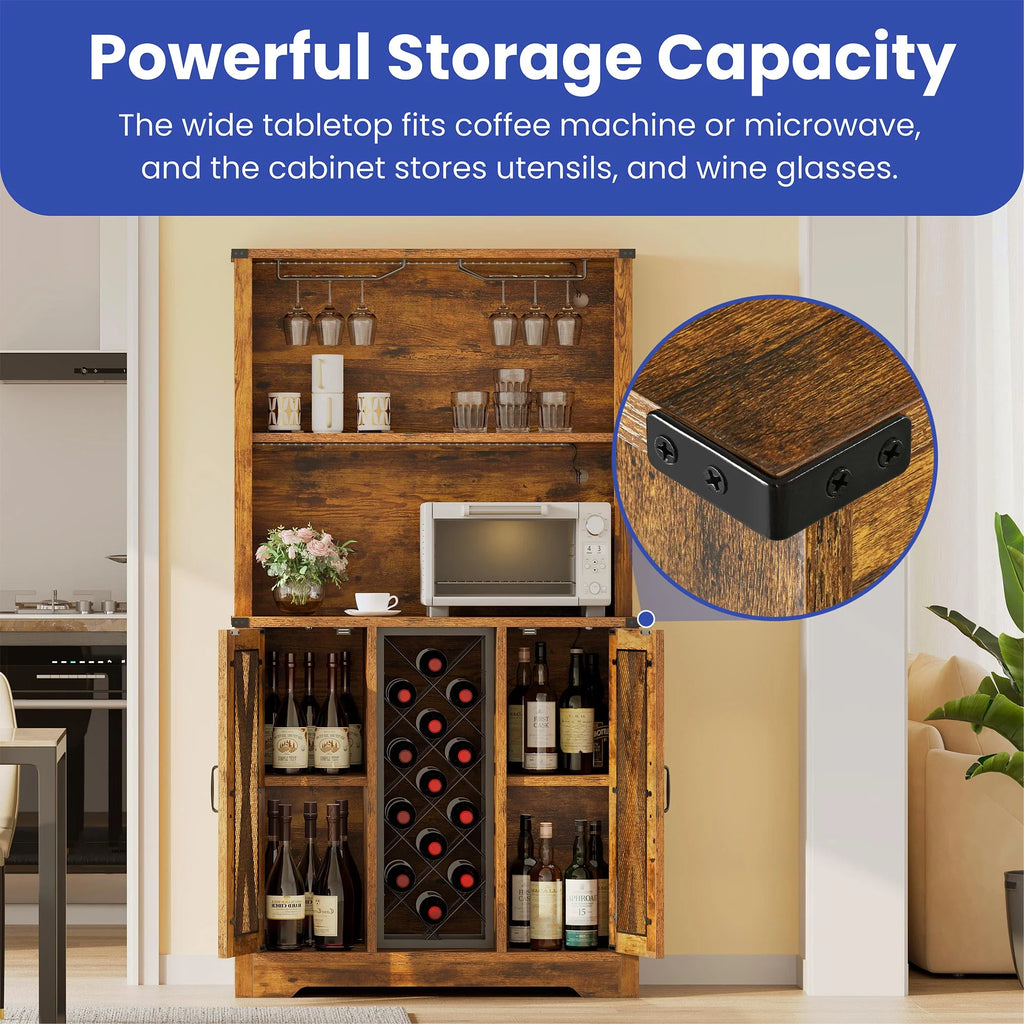 Rustic Oak Bar Storage Cabinet with LED Light Door F809624
