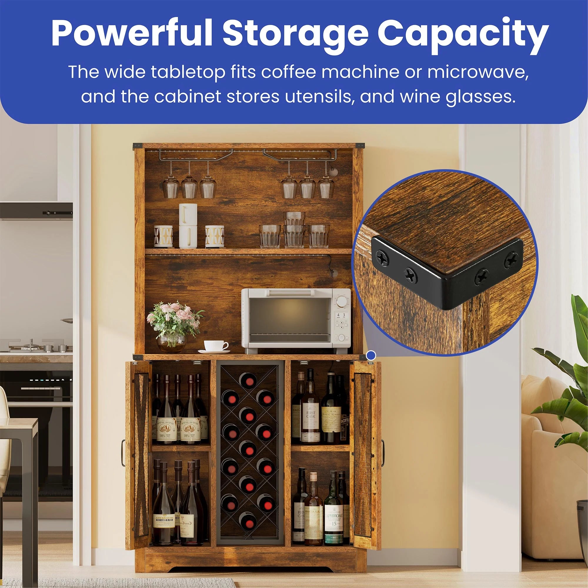 Rustic Oak Bar Storage Cabinet with LED Light Door F809624