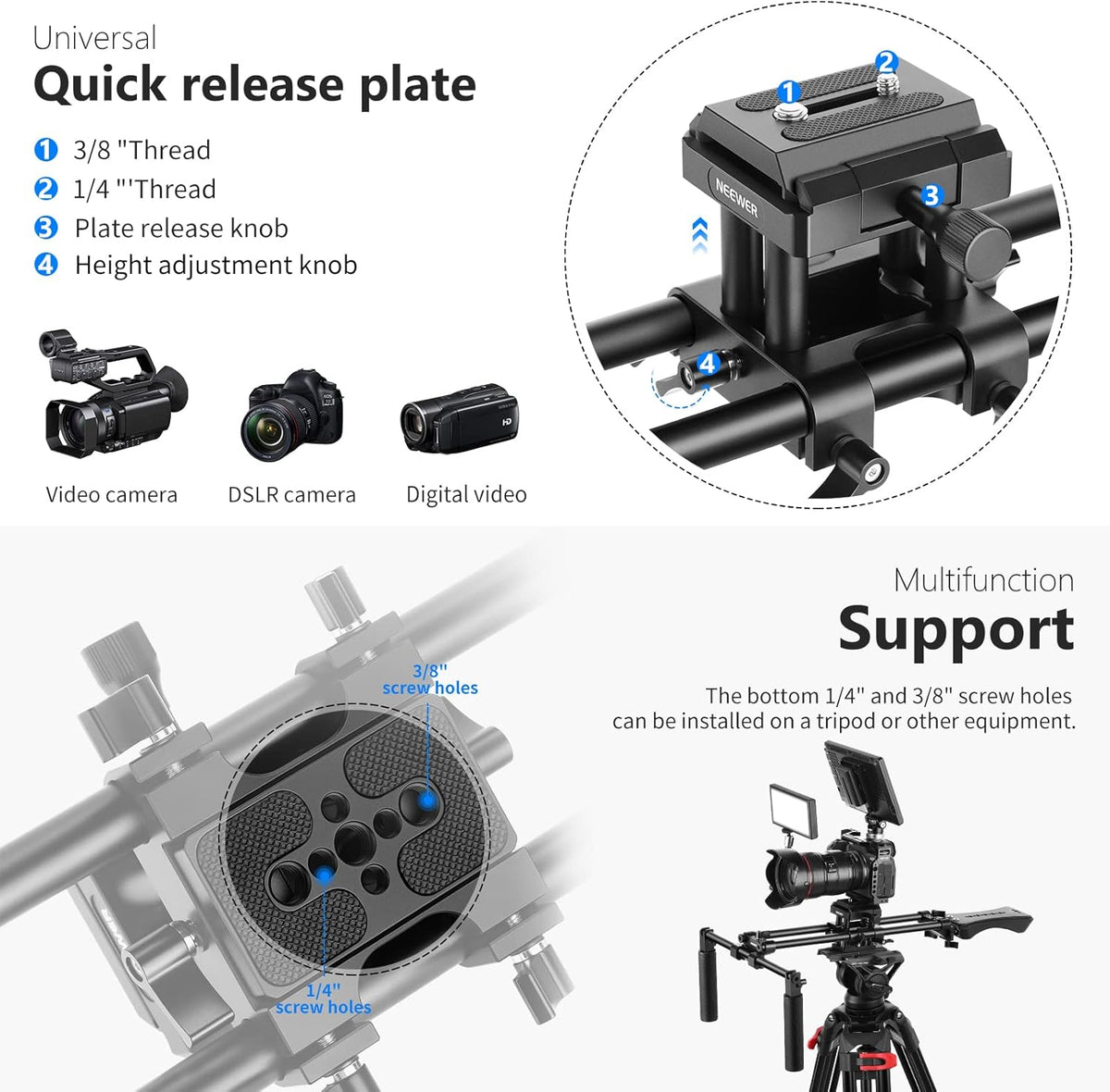 Universal Camera Shoulder Mount with Movable Shoulder Pad, 15mm Rod, 1/4 3/8 QR Plate D128809