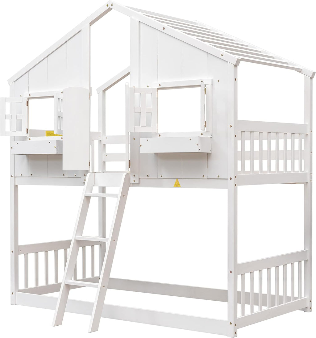 White Wood Frame Kids Bed with Roof and Safety Guardrails F778