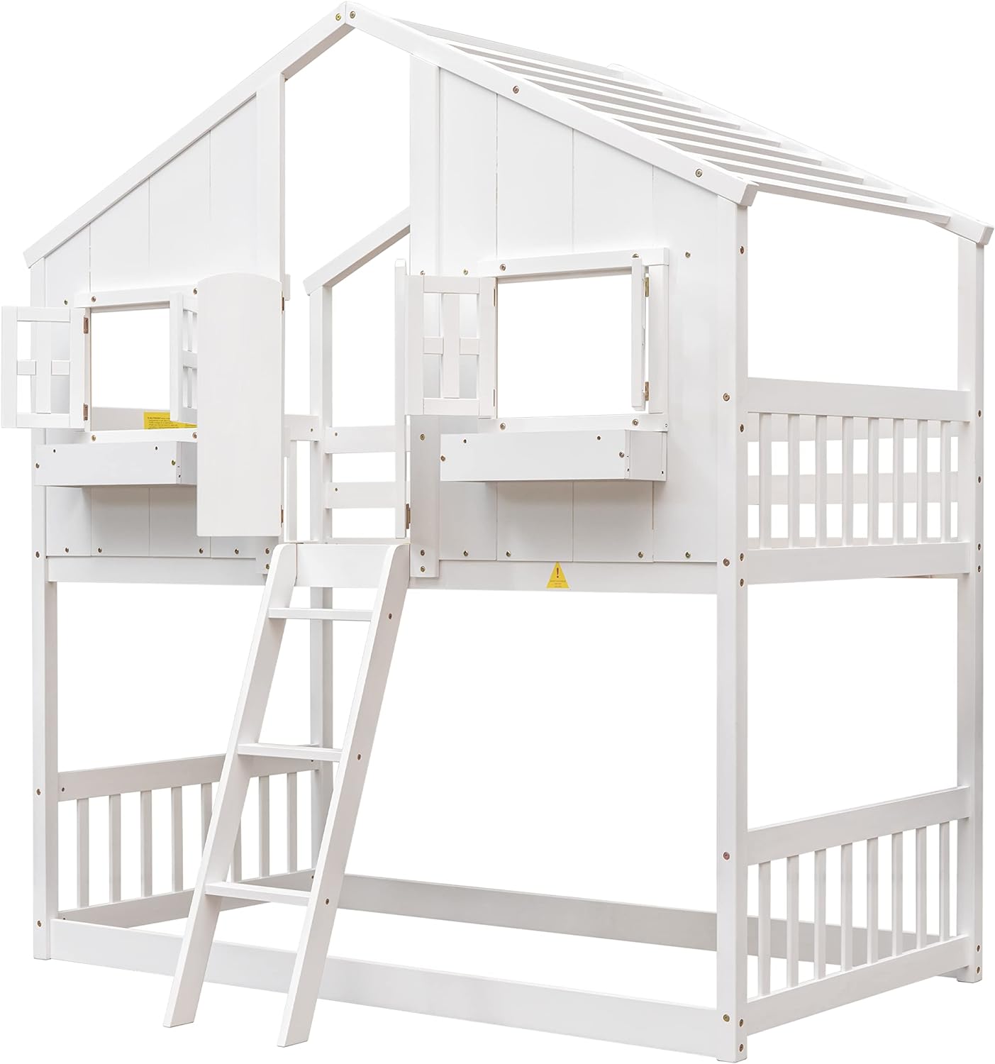 White Wood Frame Kids Bed with Roof and Safety Guardrails F778