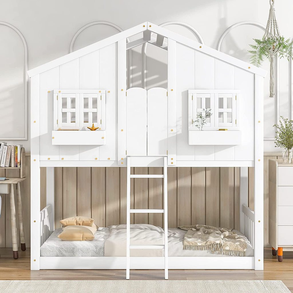 White Wood Frame Kids Bed with Roof and Safety Guardrails F778