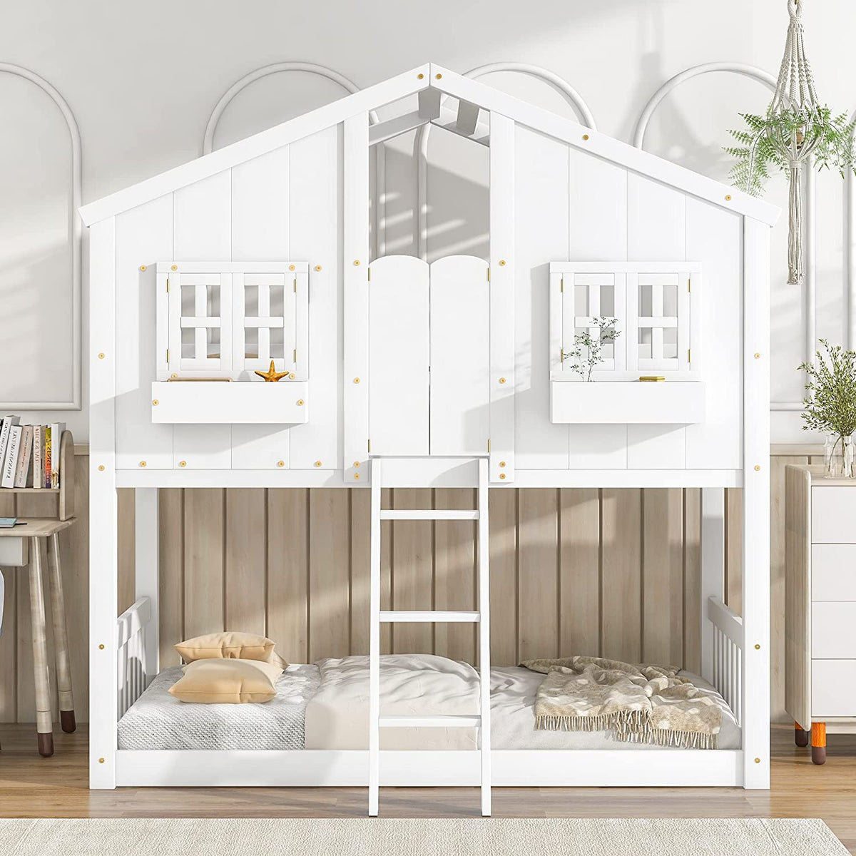 White Wood Frame Kids Bed with Roof and Safety Guardrails F778