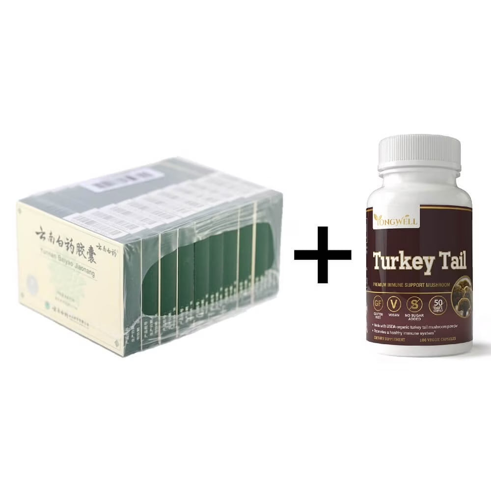 10 Boxes Yunnan Baiyao Capsules (16 Caps) Plus Turkey Tail Mushroom (100 Caps) Combo L451
