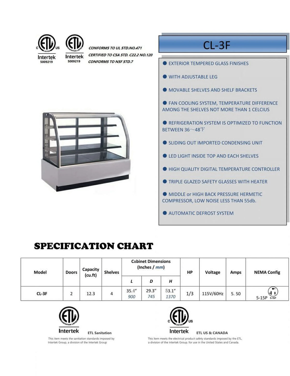 12.3 Cu Ft 36 ins Commercial Refrigerated Bakery Display Cooler Case with Curve Glass M6652