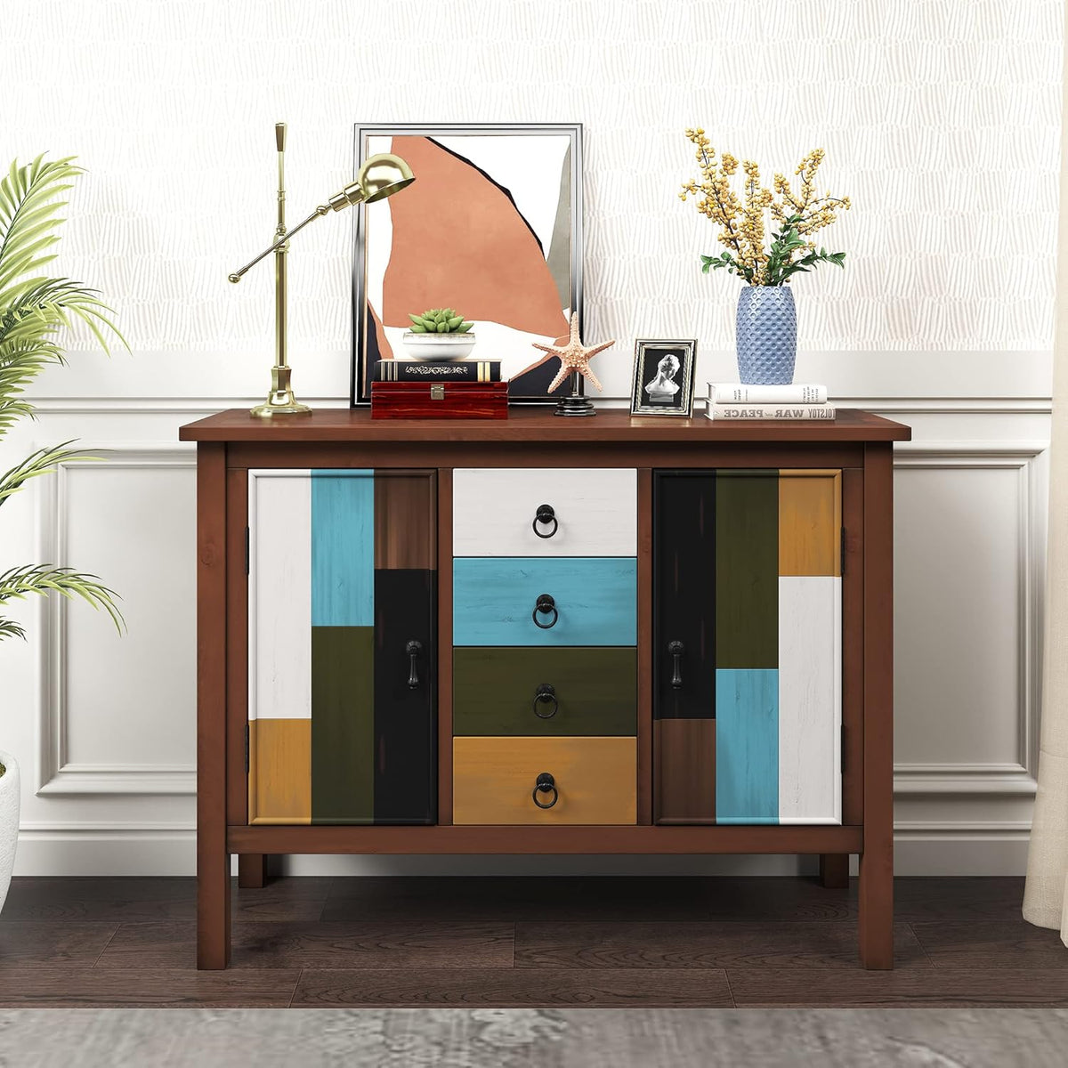 Navy Blue Wood Accent Buffet Sideboard with Doors and Adjustable Shelf B28622