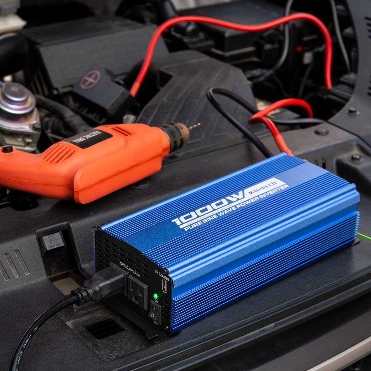 1000W Pure Sine Wave Power Inverter DC 12V to AC 110V with Dual AC Outlets & 2A USB Ports P875907