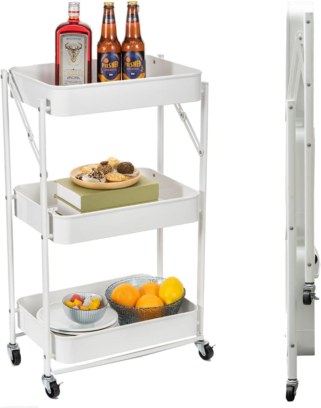 3 Tier Foldable Metal Rolling Cart with Wheels (Pink) A4488