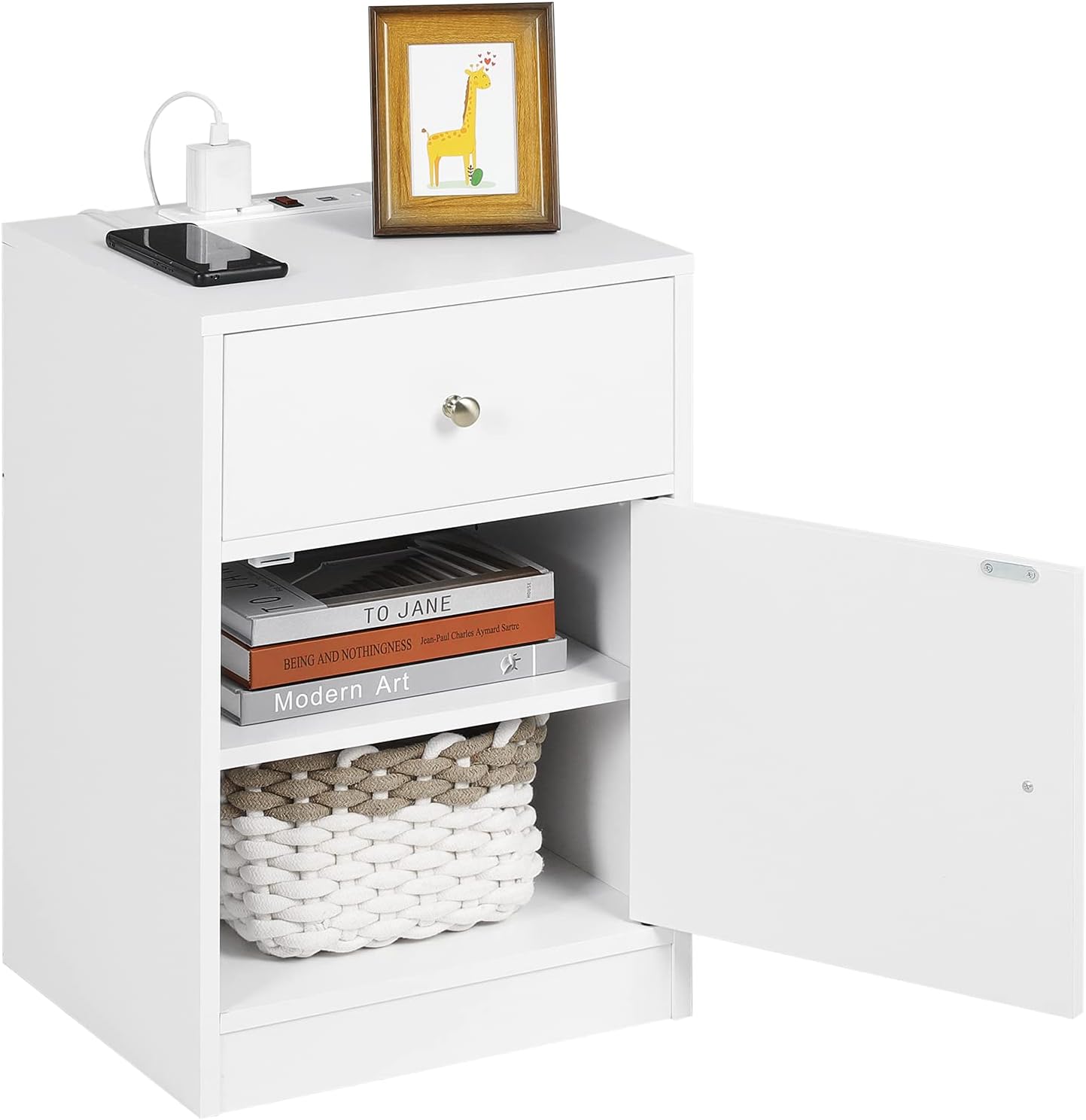 Black Nightstand with USB Port, Drawer & Door Wooden Side Cabinet M17384