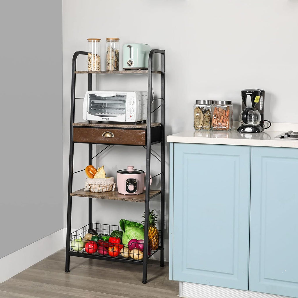 4 Tier Ladder Shelf with Drawer, Iron Frame Bookshelf J3167