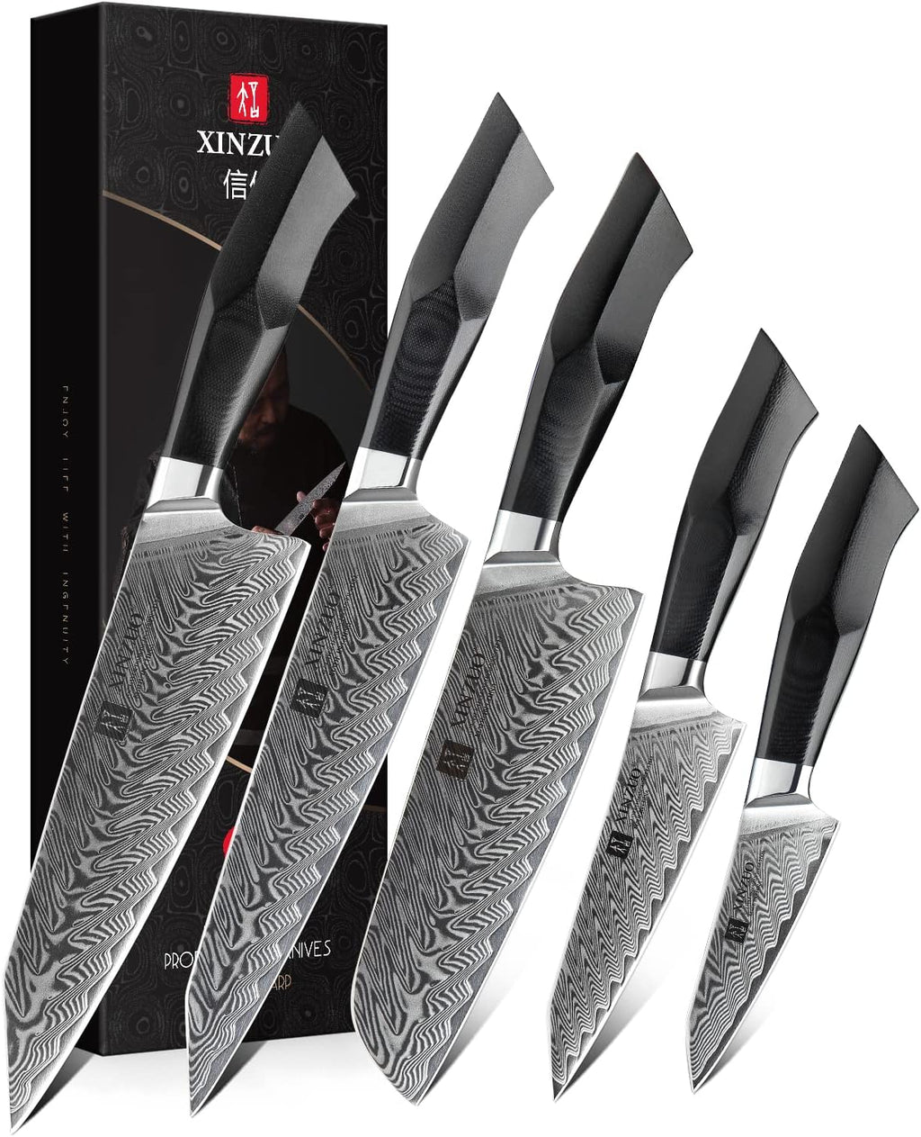 Damascus Steel 7-Piece Kitchen Knife Set with Wooden Block and Honing Steel M81972