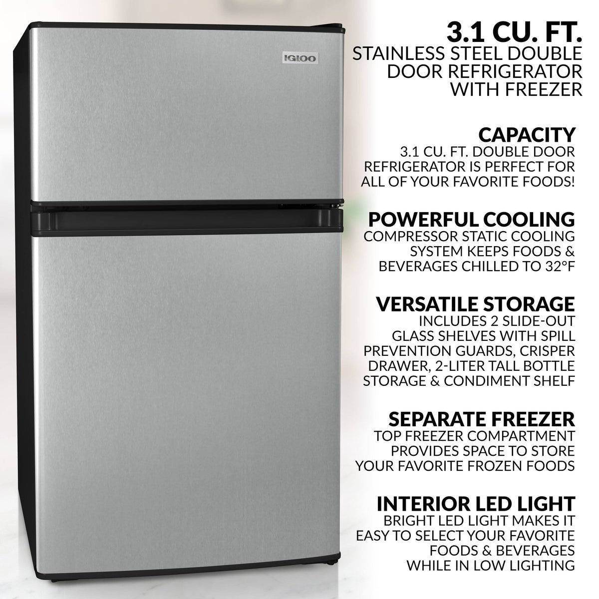 Stainless Steel Double Door Refrigerator with Freezer I7503