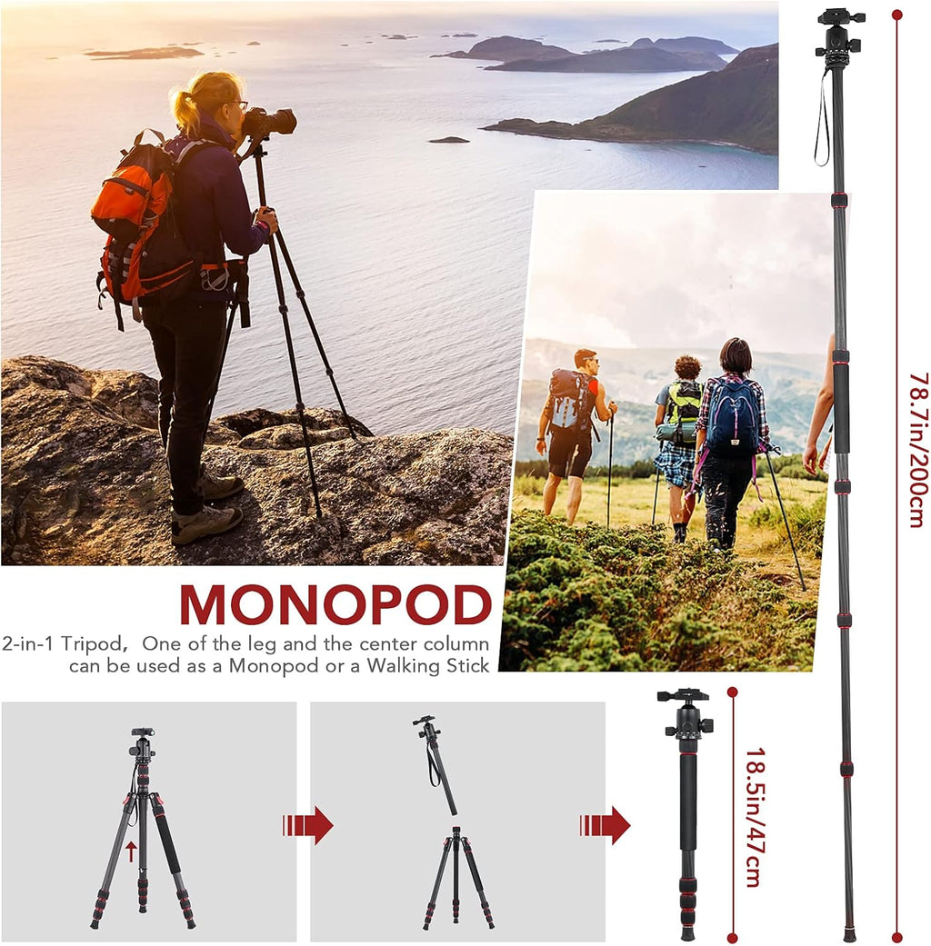 Carbon Fiber Camera Tripod Monopod 3 in 1 with 360 Degree Ballhead Quick Release Plate, Load Up to 26.5lb B1785