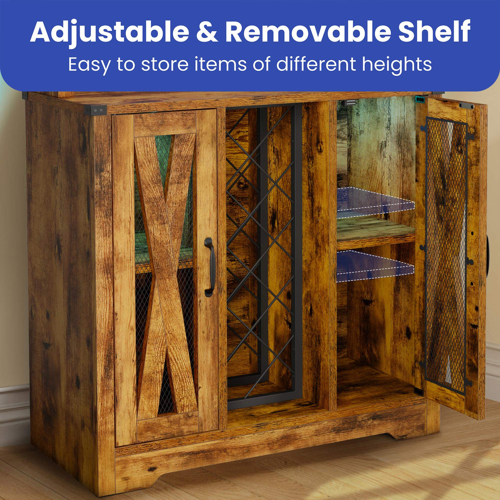 Rustic Oak Bar Storage Cabinet with LED Light Door F809624