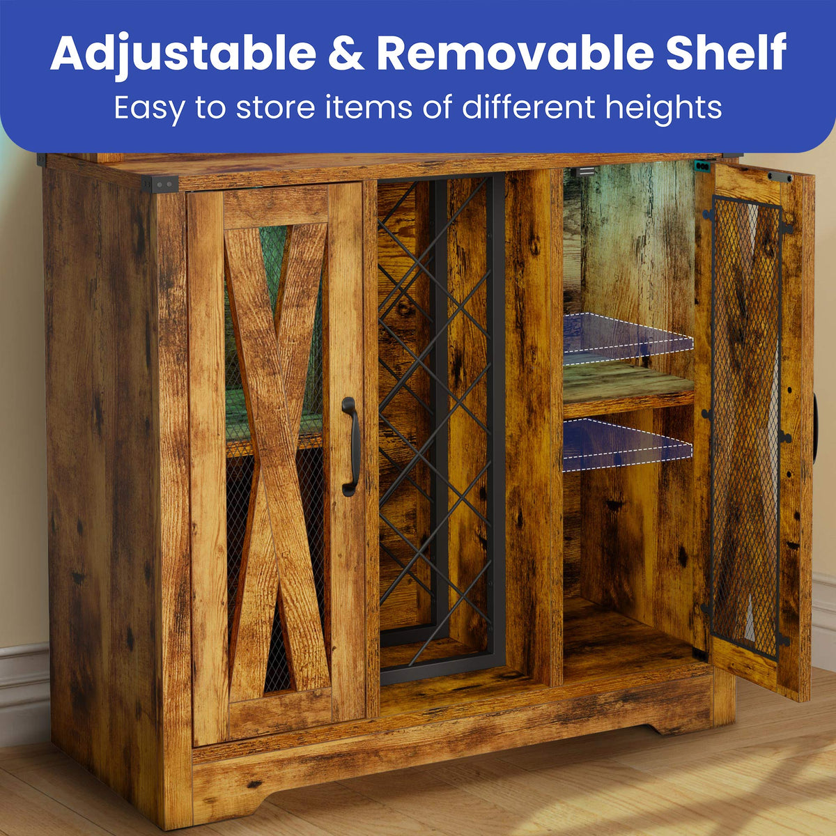 Rustic Oak Bar Storage Cabinet with LED Light Door F809624