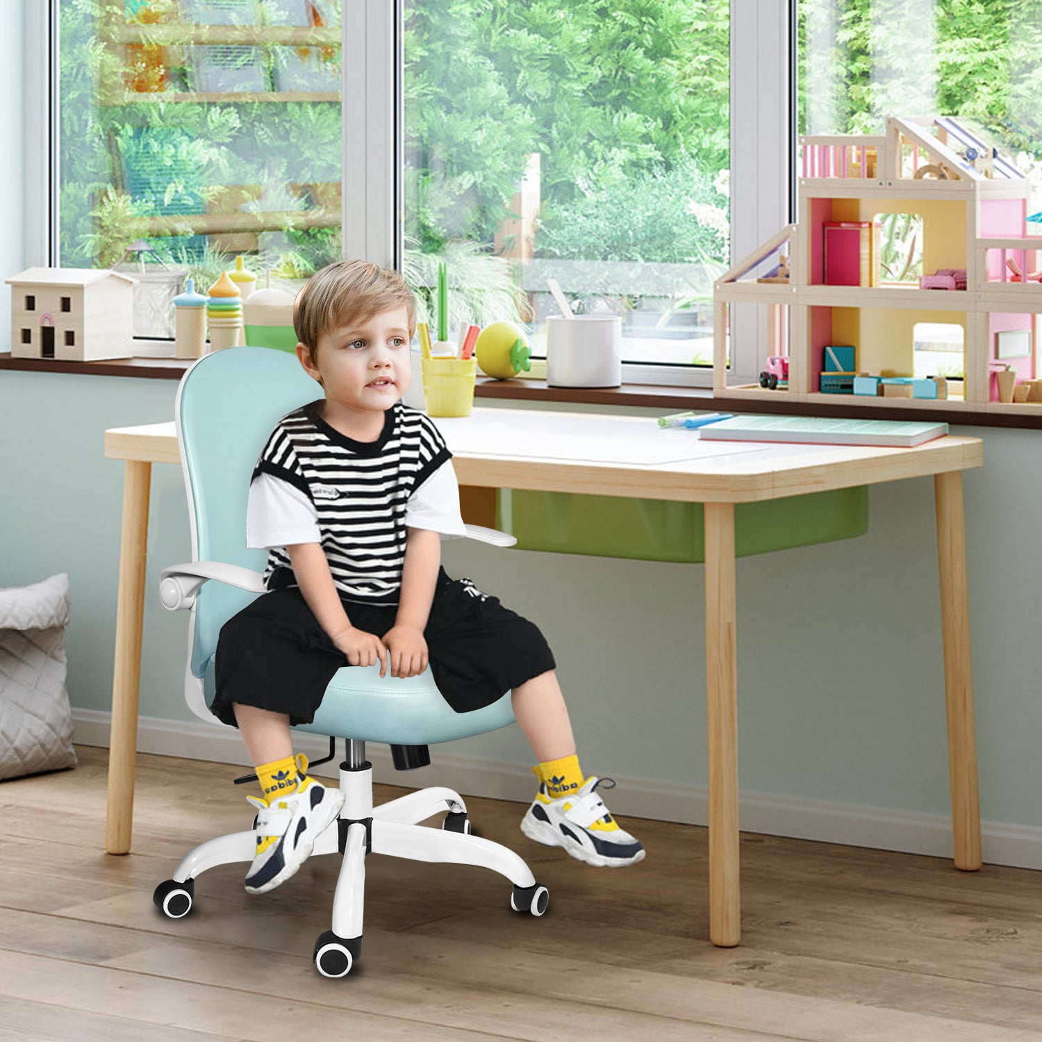 Blue PU Leather Ergonomic Desk Chair with Flip-up Arms J14426