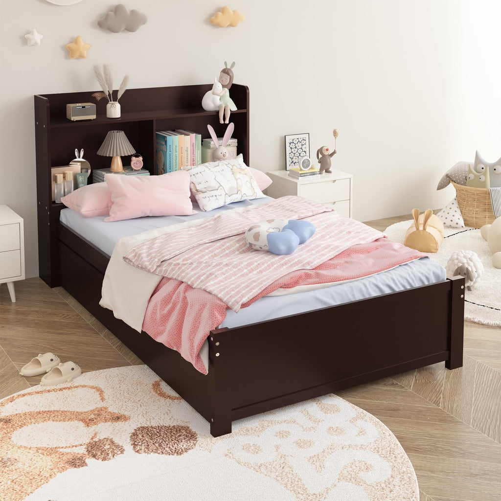 Twin Bed Frame with Trundle and Storage Bookcase, Solid Wood, Espresso Y4333