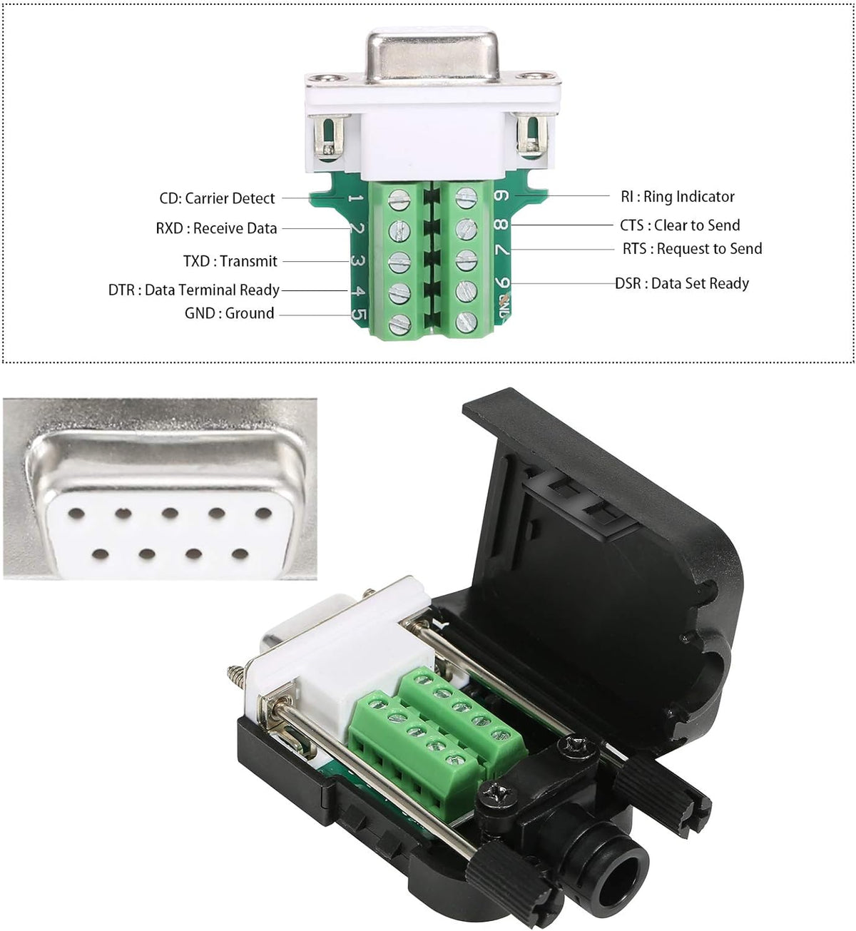 DB9 Solderless Connector RS232 D-SUB Serial Adapters 9 Pin Breakout Board with Case N757