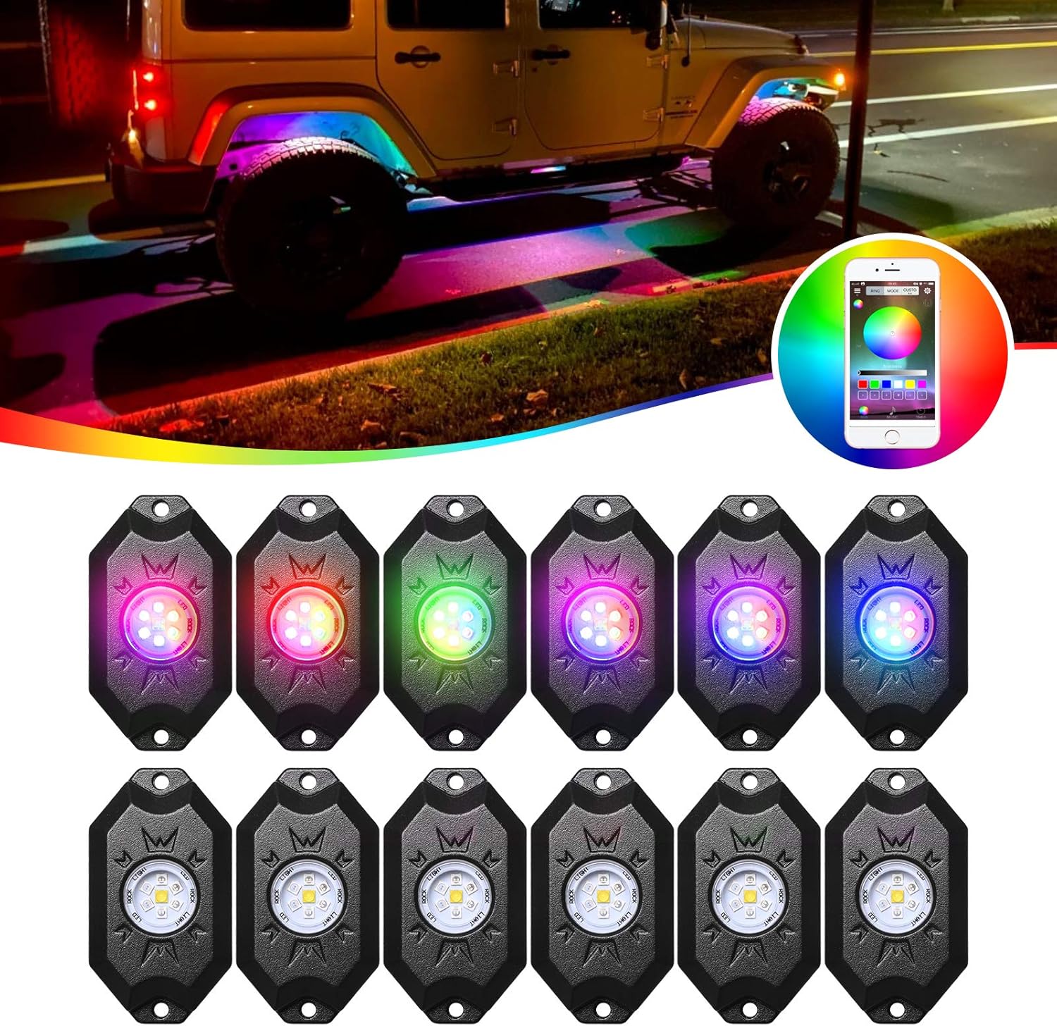 12 Pod Waterproof LED Rock Lights Kit with Bluetooth Controller E290002