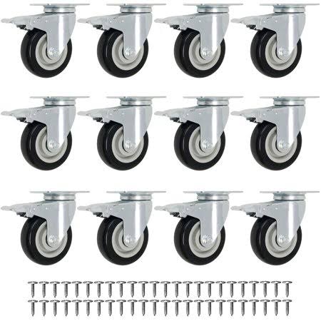 12 Pack Swivel Plate Caster Wheels with Brake, 4 inch Black Polyurethane X509222